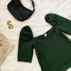 H&M Dark Green Puff Sleeve Blouse